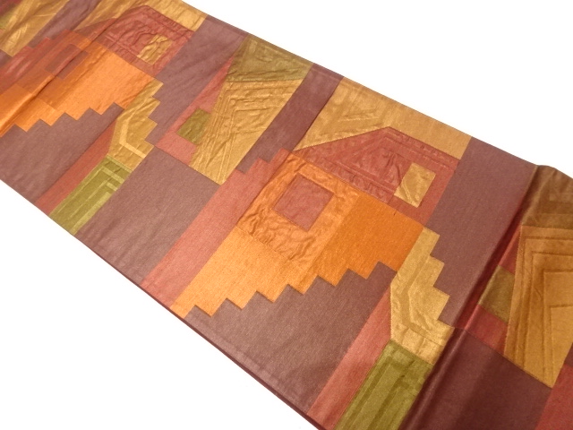 JAPANESE KIMONO / ANTIQUE FUKURO OBI / SILK / WOVEN GEOMETRIC